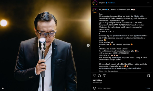Ari Lasso Batalkan Konser di Istora Senayan Akibat Gangguan Pita Suara