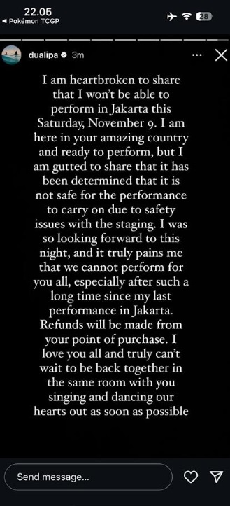 Alasan Dua Lipa Batal Konser di Jakarta Hari Ini: Ada Masalah Keamanan Pementasan