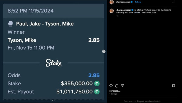 Drake Gigit Jari Kalah Taruhan Rp5,3 Miliar di Pertarungan Mike Tyson vs Jake Paul