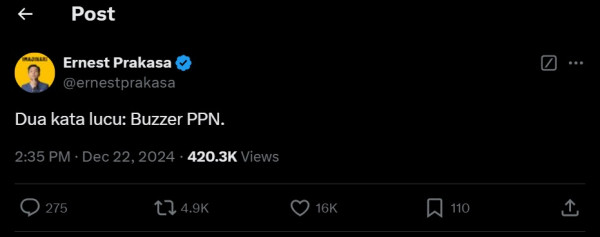 Ramai Tagar PPN Memperkuat Ekonomi, Ernest Prakasa: Buzzer!