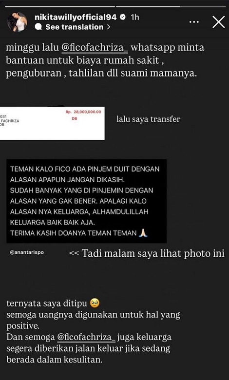 Nikita Willy Ditipu Fico Fachriza Rp28 Juta, Sadar usai Lihat Postingan Ananta Rispo