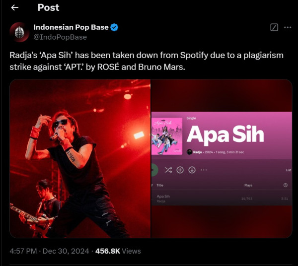 Lagu Apa Sih Band Radja Dihapus dari Spotify Imbas Diduga Plagiat APT Rose BLACKPINK