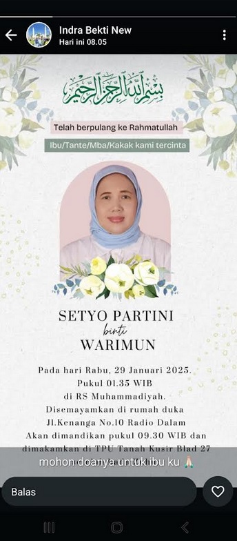 Ibu Sambung Artis Indra Bekti Meninggal Dunia: Mohon Doanya