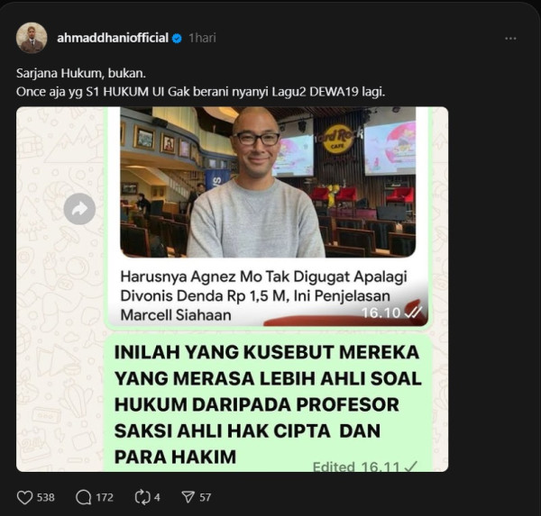 Ahmad Dhani Sentil Marcell Siahaan soal Royalti: Merasa Lebih Ahli soal Hukum!