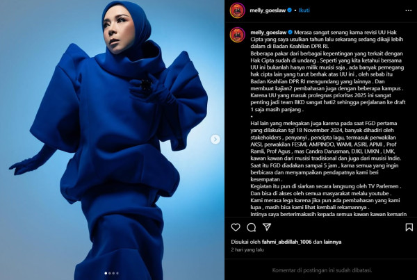 Melly Goeslaw Umumkan Revisi UU Hak Cipta sedang Dikaji, Libatkan Banyak Ahli