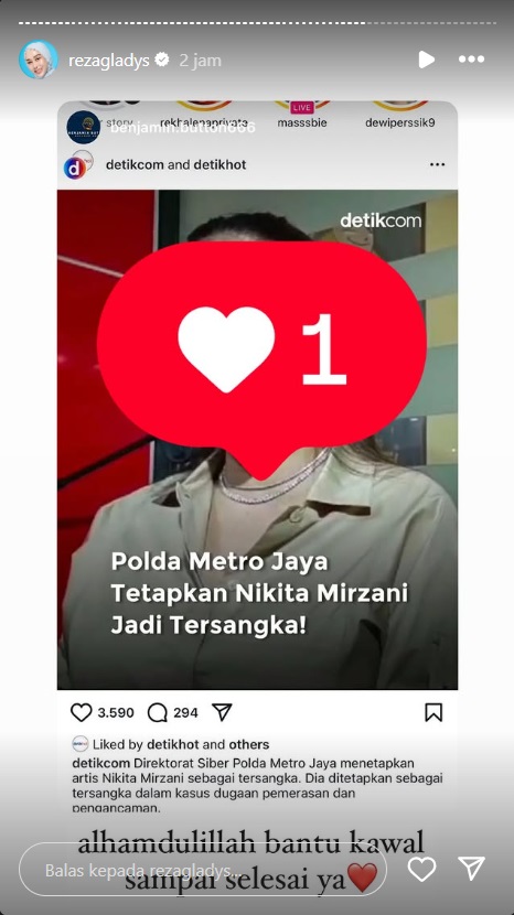 Reza Gladys Lega Nikita Mirzani Jadi Tersangka Kasus Pemerasan: Kawal sampai Selesai