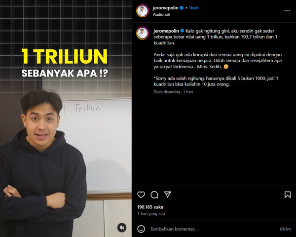 Jerome Polin Hitung Uang Korupsi Pertamina, Bisa Bangun 193 Ribu Sekolah dan Kuliahi Jutaan Orang