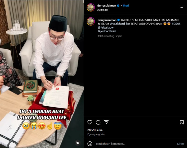 Dokter Richard Lee Resmi Mualaf, Syahadat Ulang Disaksikan Ustaz Derry Sulaiman dan Felix Siauw
