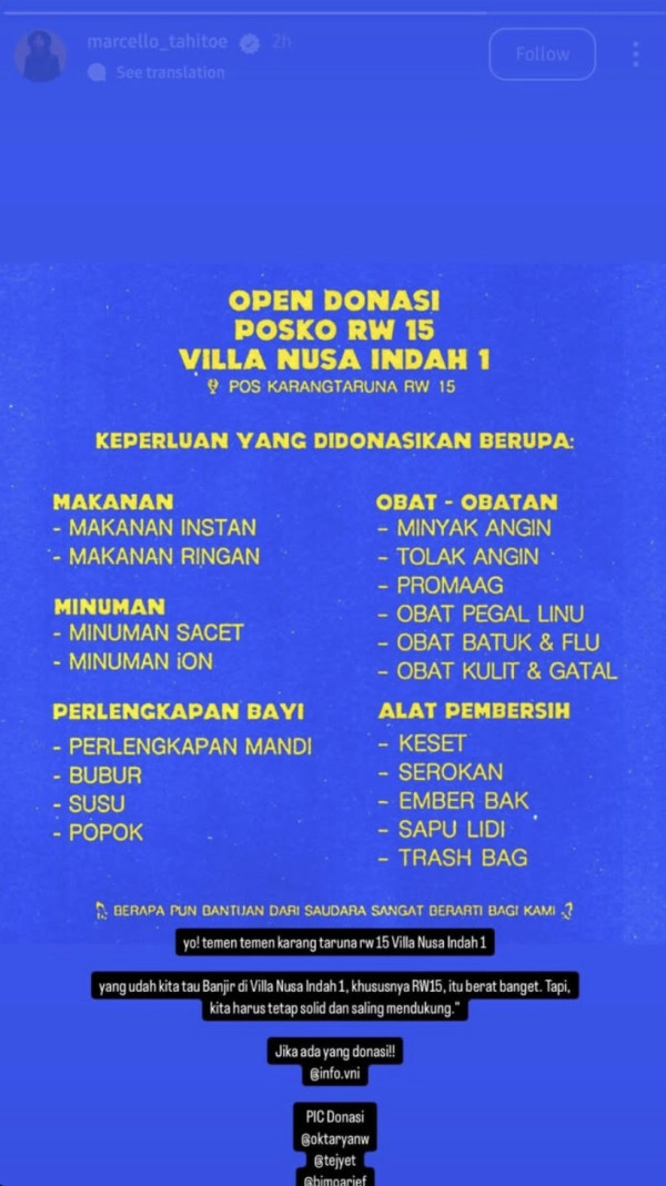 Ello Buka Donasi untuk Korban Banjir di Villa Nusa Indah Bekasi, Ini Daftar Kebutuhannya