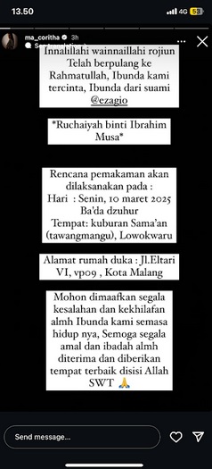 Ibunda Artis Eza Gionino Meninggal Dunia, Dimakamkan di Malang