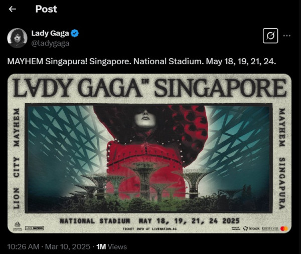 Lady Gaga Gelar Konser di Singapura Mei 2025, Indonesia Terlewat Lagi?