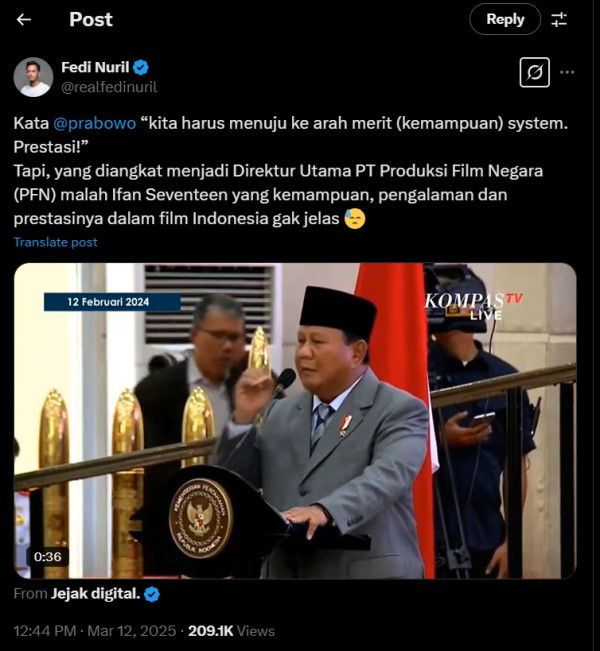 Fedi Nuril Kritik Penunjukan Ifan Seventeen Jadi Dirut PT PFN: Prestasinya Nggak Jelas!