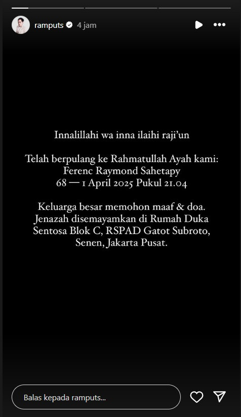 Jenazah Ray Sahetapy Disemayamkan di Rumah Duka RSPAD Gatot Soebroto