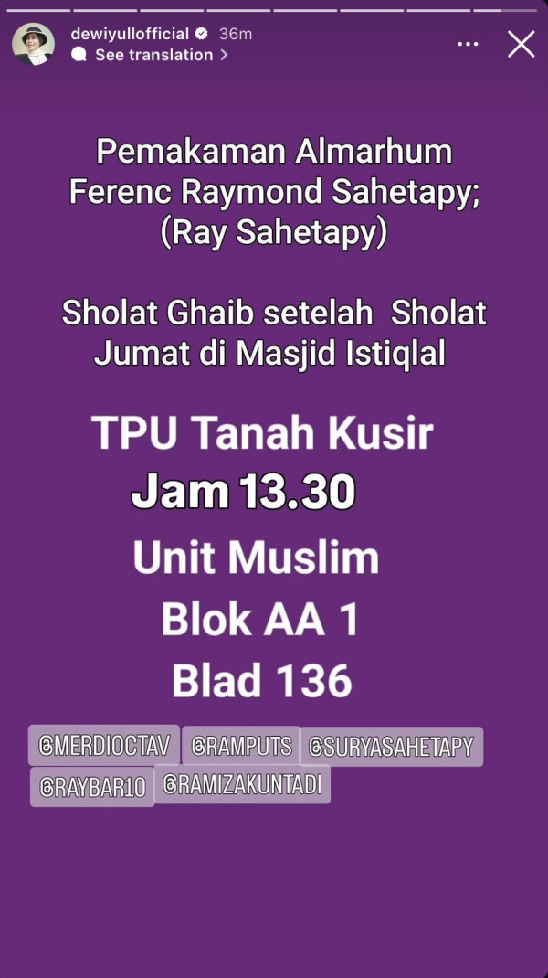 Jenazah Ray Sahetapy Dimakamkan Hari Ini di TPU Tanah Kusir