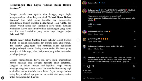 Bobon Santoso Patenkan Konten Masak Besar, Ancam Tempuh Jalur Hukum Jika Plagiat