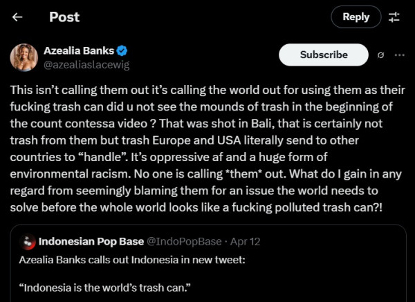 Azealia Banks Klarifikasi Ucapannya soal Indonesia Tempat Sampah Dunia