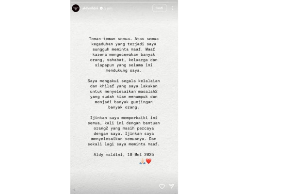 Aldy Maldini Minta Maaf usai Dituding Tilap Uang Fans Lewat Dinner Bareng, Akui Khilaf