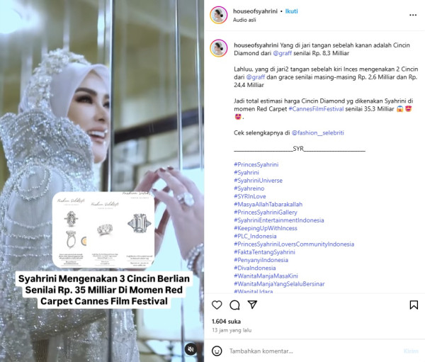 Syahrini Tampil Glamor dengan Cincin Berlian Rp35 Miliar di Festival Film Cannes 2025