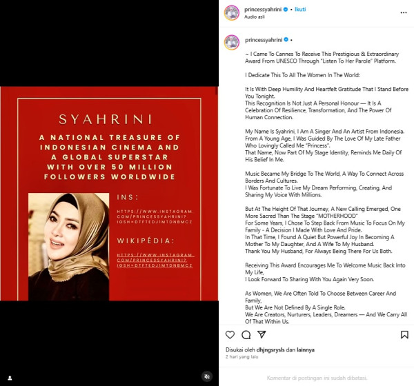 Dapat Penghargaan dari UNESCO, Syahrini: Saya Persembahkan untuk Semua Wanita