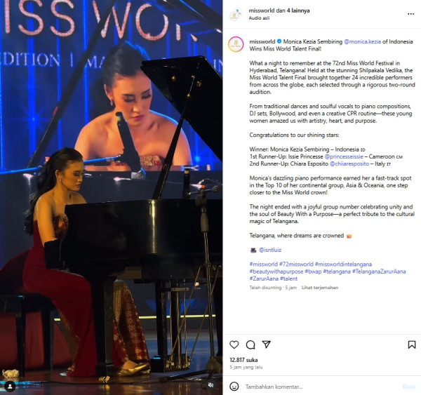 Miss Indonesia 2024 Monica Kezia Juara Miss World Talent Final 2025