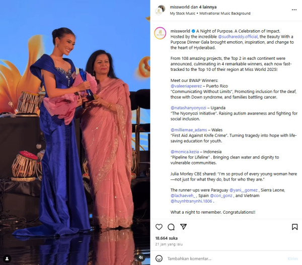 Detik-detik Haru Monica Kezia Menang BWAP di Miss World 2025 Lewat Program Air Bersih