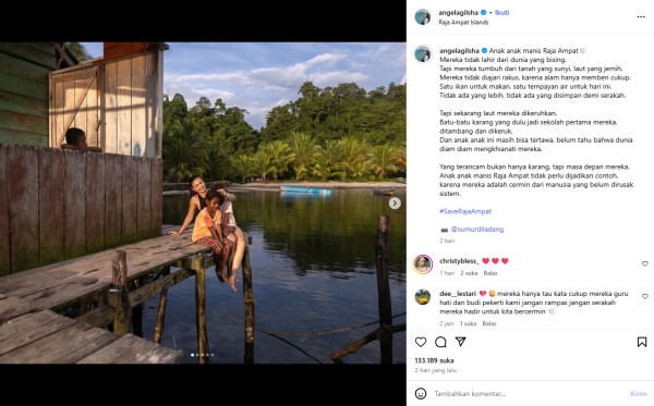 Angela Gilsha Suarakan Tagar #SaveRajaAmpat, Soroti Dampak Tambang Nikel yang Lukai Alam Papua