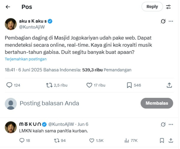 Kunto Aji Sindir LMKN, Bandingkan dengan Panitia Kurban yang Sudah Digitalisasi Pembagian Daging