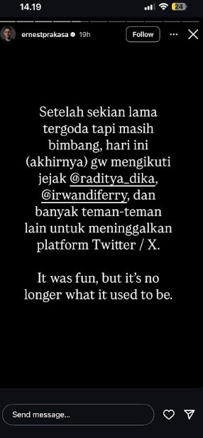 Ernest Prakasa Pamit Tinggalkan Aplikasi X, Langsung Tutup Akun