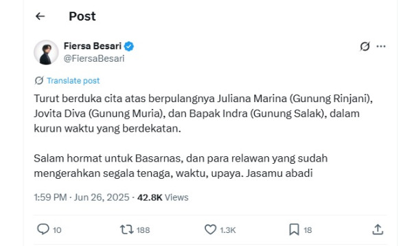 Fiersa Besari Berduka, Juliana Marins Ditemukan Meninggal di Gunung Rinjani