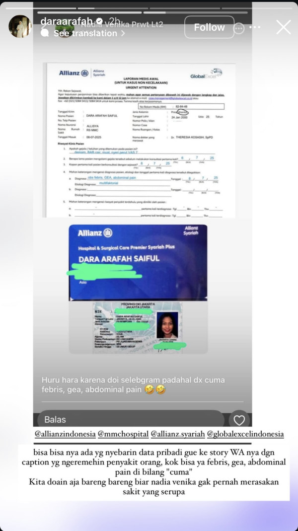 Dara Arafah Geram Data Pribadinya Disebar Oknum Petugas Asuransi Lewat Status WhatsApp