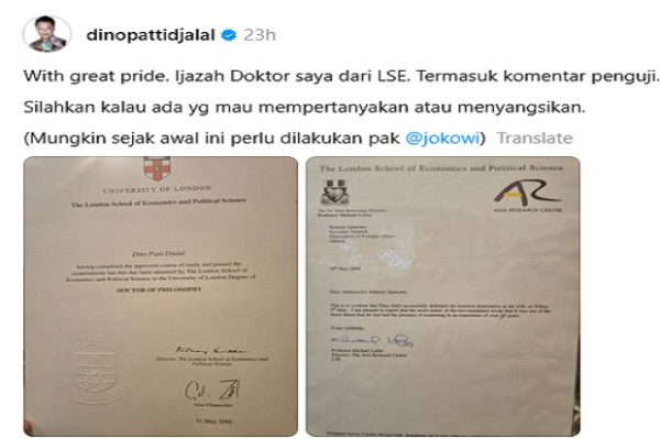 Dino Patti Djalal Unggah Ijazah Doktor: Mungkin Pak Jokowi Perlu Lakukan Ini