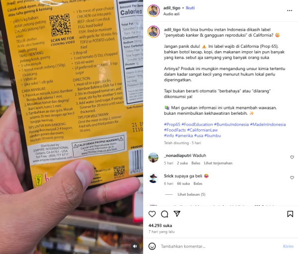 Heboh! Bumbu Instan Indonesia Dapat Label Peringatan Kanker di California