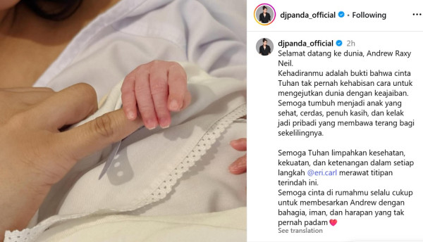 DJ Panda Tulis Pesan Menyentuh Usai Erika Carlina Melahirkan Anak Pertama