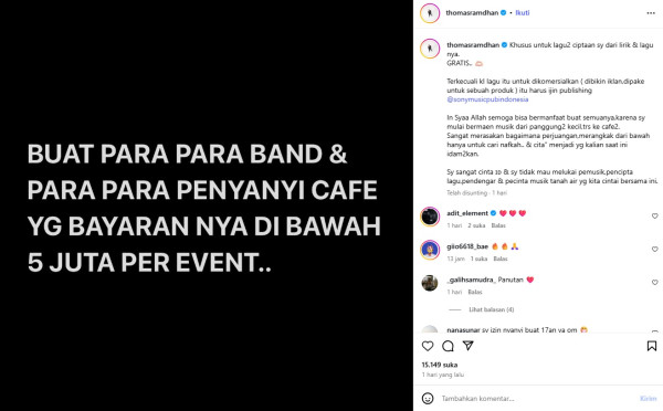 Thomas Ramdhan Gratiskan Lagunya Dipakai Penyanyi Kafe dengan Bayaran di Bawah Rp5 Juta