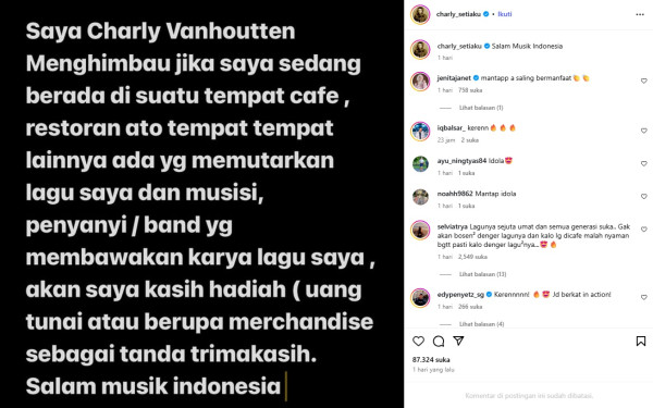 Charly Van Houten akan Beri Hadiah bagi Kafe atau Penyanyi yang Bawakan Lagunya