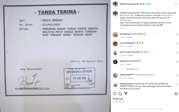 Nikita Mirzani Laporkan Dugaan Reza Gladys Suap Hakim dan Jaksa ke KPK