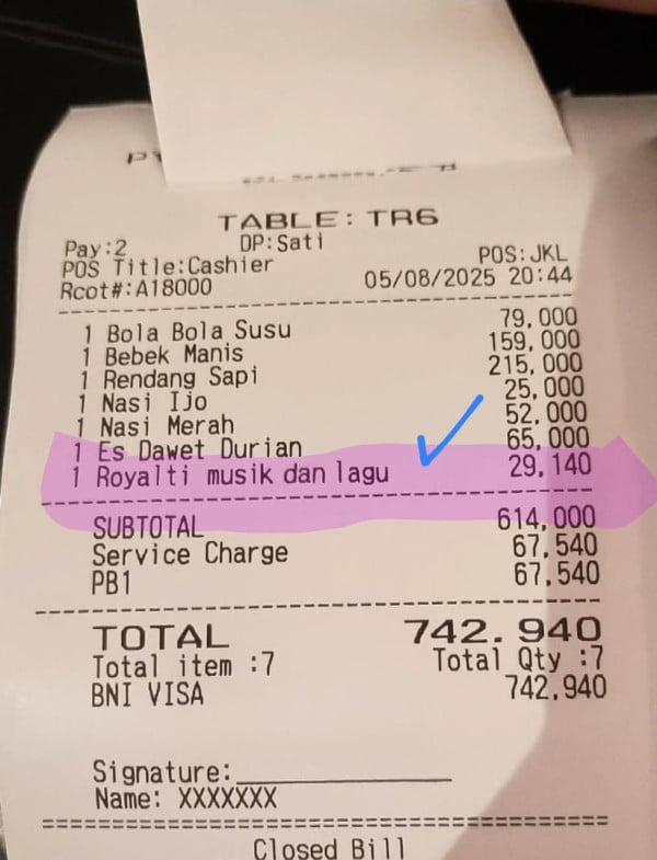 Viral! Struk Restoran Cantumkan Biaya Royalti Musik dan Lagu Rp29 Ribu