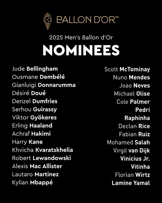 Daftar 30 Nominasi Ballon d'Or 2025: Dembele Teratas, McTominay dan Palmer Terlupakan!