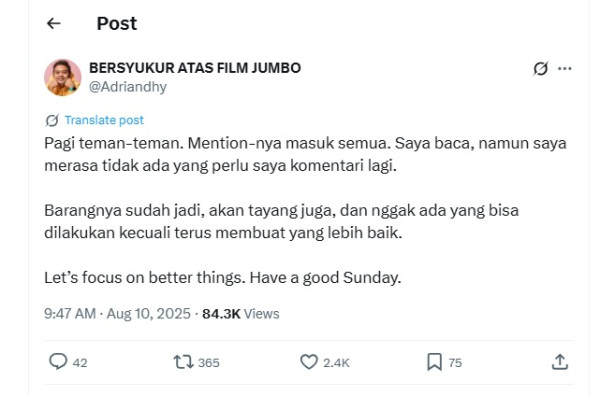Kata Sutradara Film Jumbo soal Ramainya Kritik Animasi Merah Putih One For All