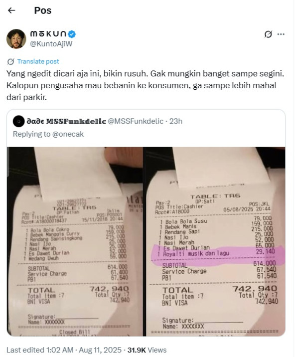 Viral Struk Restoran Cantumkan Royalti Musik, Kunto Aji: Lebih Mahal dari Parkir