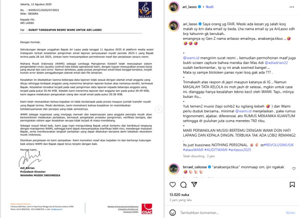 WAMI Minta Maaf, Ari Lasso: Masalah Tata Kelola Masih Jauh dari Selesai