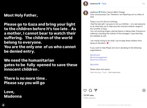Madonna Serukan Dunia Bersatu Selamatkan Anak-anak Gaza, Minta Paus Leo XIV Turun Tangan