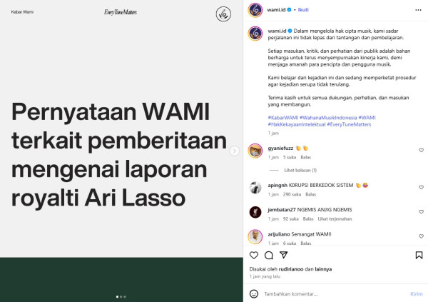 WAMI Klarifikasi Dugaan Salah Transfer Royalti Ari Lasso, Tegaskan Distribusi Sudah Sesuai Data