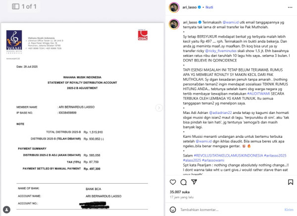 WAMI Klarifikasi! Royalti Ari Lasso Bukan Rp497 Ribu, tapi Puluhan Juta Rupiah