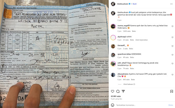 Kiesha Alvaro Pede Pamer Surat Tilang: Nggak Semua Anak DPR Suka Nyuap
