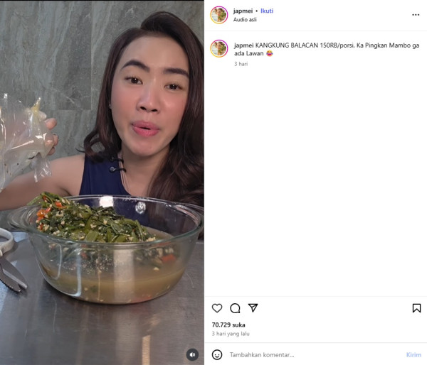 Tumis Kangkung Pinkan Mambo Dijual Rp150 Ribu, Disebut Enak tapi Harganya Keterlaluan