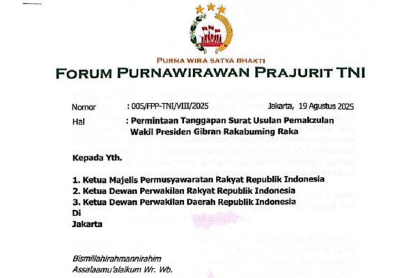 Desak Pemakzulan Gibran, Forum Purnawirawan Prajurit TNI Kirim Lagi Surat ke DPR-MPR dan DPD