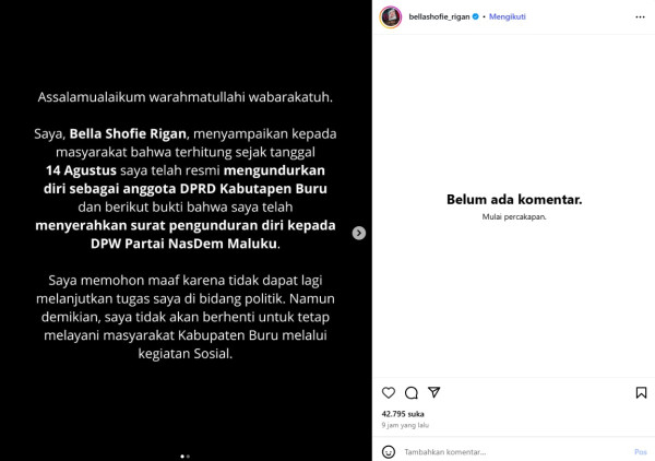 Bella Shofie Umumkan Mundur dari DPRD Buru Maluku, Pilih Fokus pada Keluarga