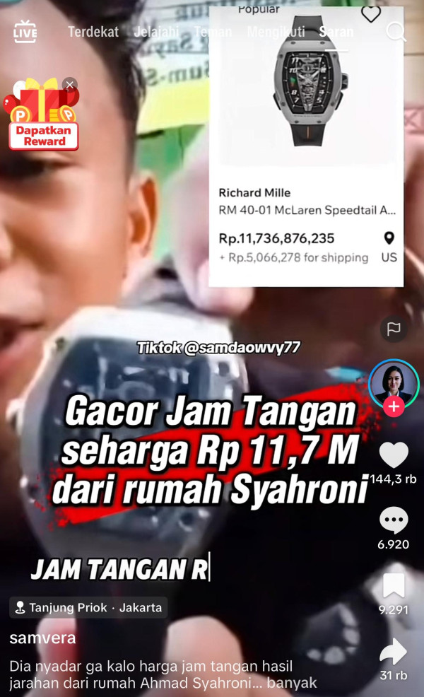 Jam Tangan Richard Mille Ahmad Sahroni Dijarah, Harganya Fantastis Rp11,7 Miliar