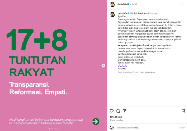 Desta Bagikan 17+8 Tuntutan Rakyat: Pak Presiden Jangan Buat Kami Sedih